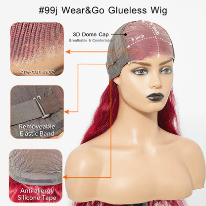 Body Wave 5x5" Wear & Go #99j Glueless Lace Closure Wig SpadezStore