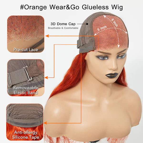 Body Wave 5x5" Wear & Go #Orange Glueless Lace Closure Wig SpadezStore