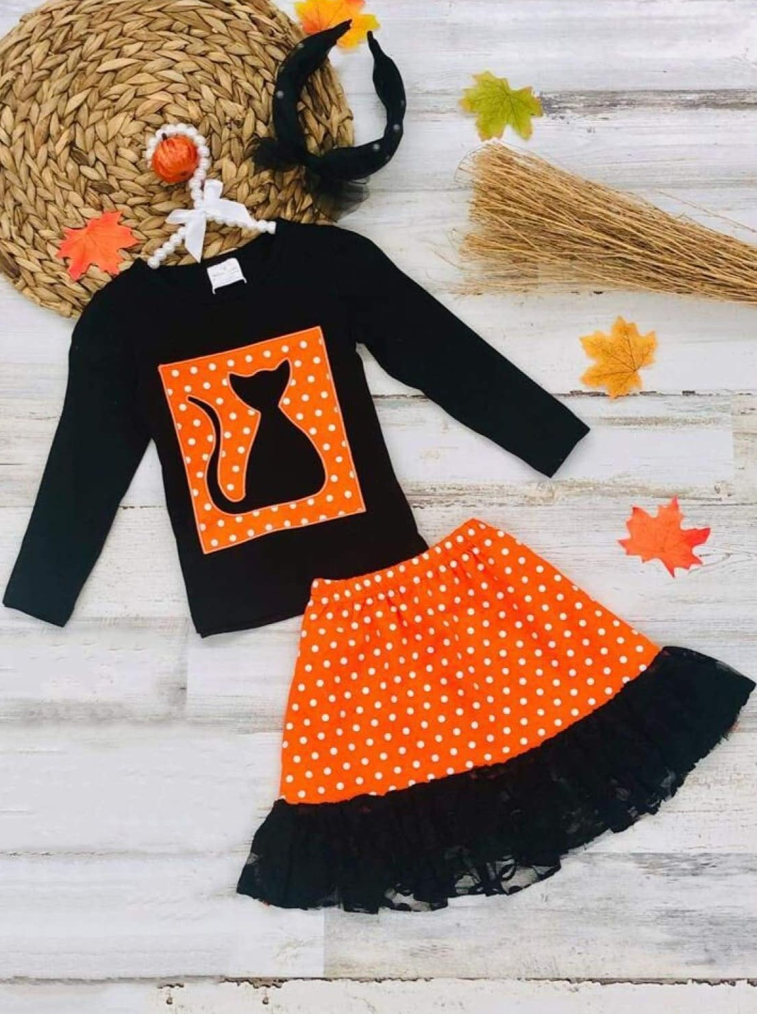 Mia Belle Girls PAWsitive Polka Dot Top and Lace Hem Skirt Set SpadezStore