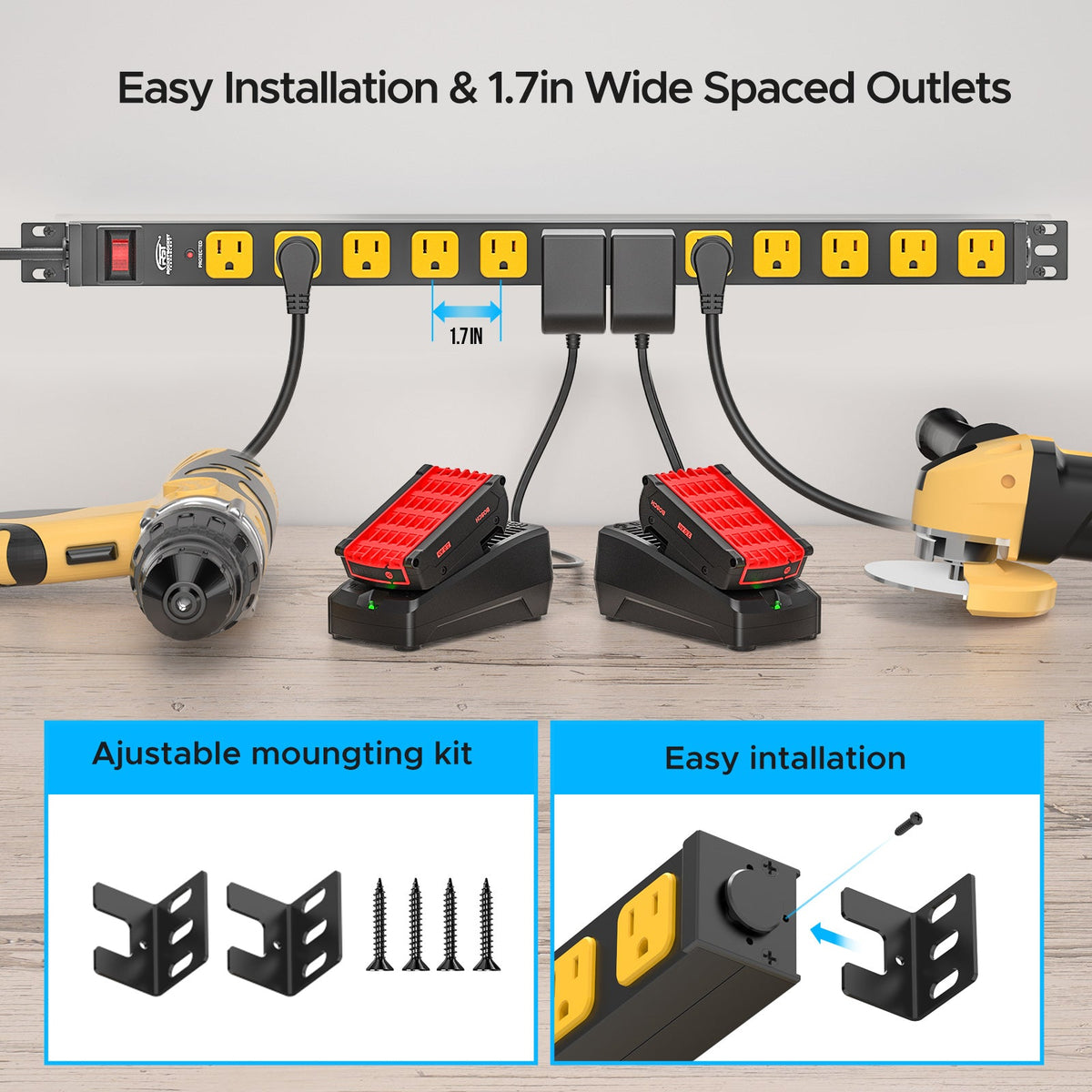 Rocket Socket Technology CRST 12-Outlet Mountable Metal Power Strip | 4-Way Bracket Mount, 2100J Surge Protector, Wide-Spaced Outlets, ETL Listed