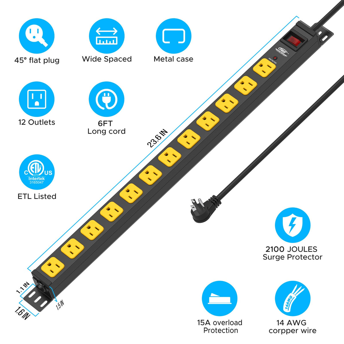 Rocket Socket Technology CRST 12-Outlet Mountable Metal Power Strip | 4-Way Bracket Mount, 2100J Surge Protector, Wide-Spaced Outlets, ETL Listed