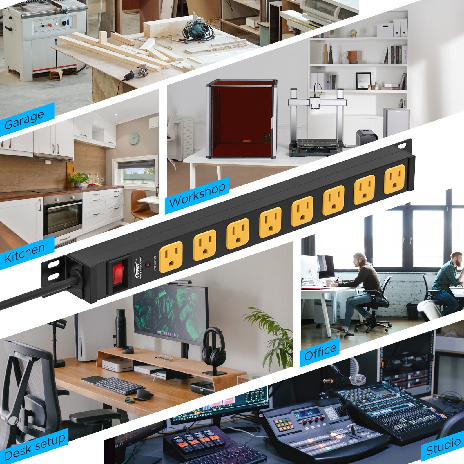 Rocket Socket Technology CRST Mountable Long Power Strip, 8 Outlets or 12 outlets 2100 Joules Surge Protector, Slim Metal Power Bar with 6FT Extension Cord, ETL Listed. SpadezStore