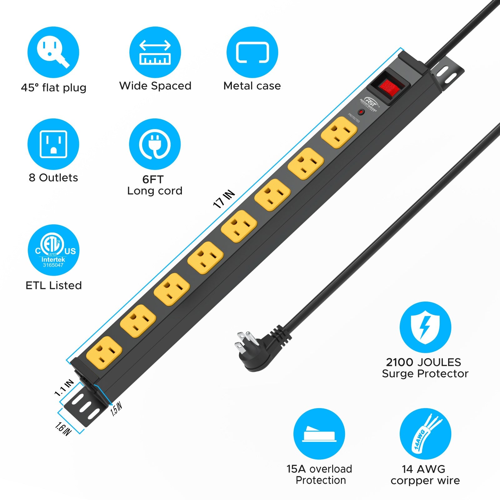 Rocket Socket Technology CRST Mountable Long Power Strip, 8 Outlets or 12 outlets 2100 Joules Surge Protector, Slim Metal Power Bar with 6FT Extension Cord, ETL Listed. SpadezStore