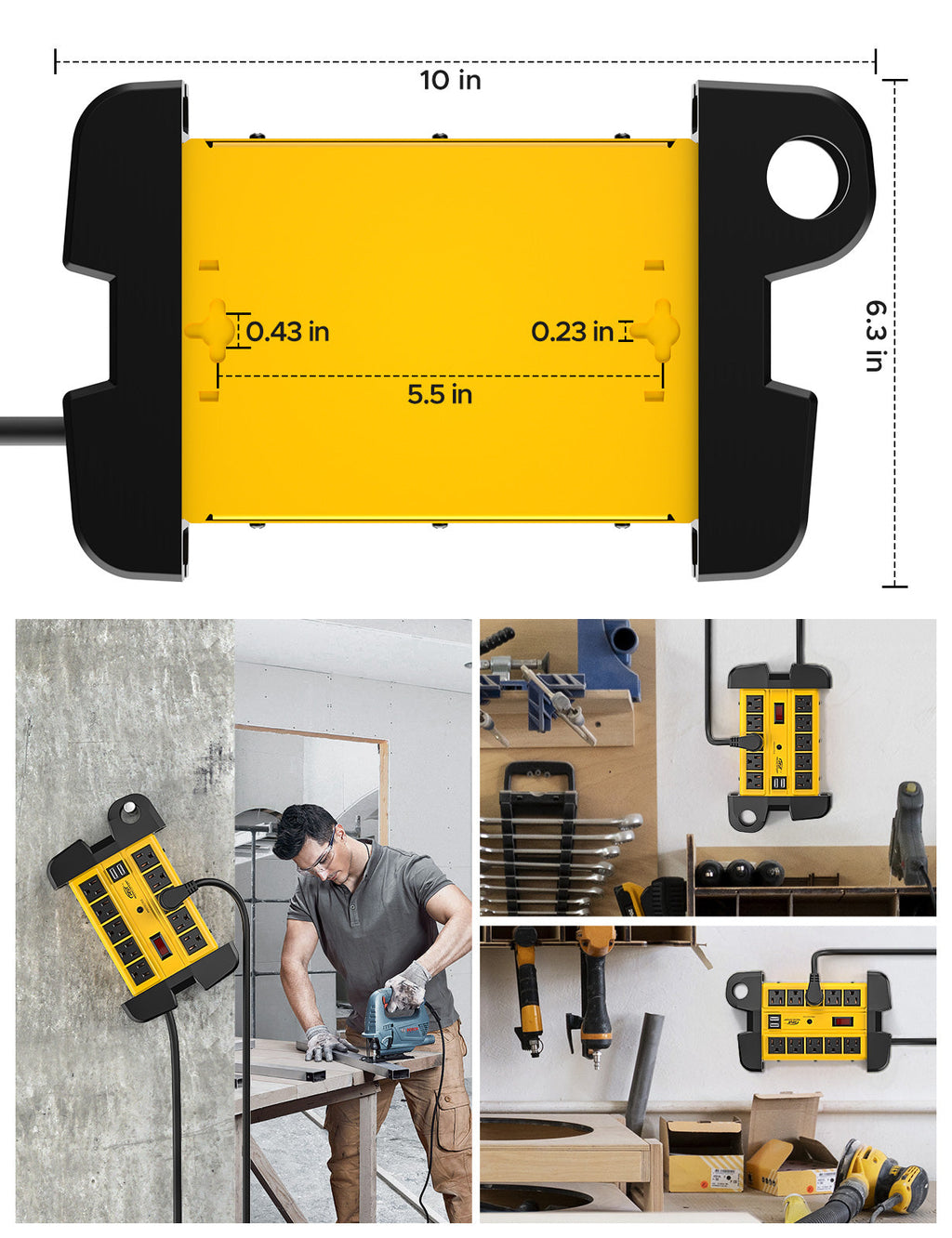 CRST 10 Outlets Mountable Heavy Duty Power Strip Surge Protector with Cord Wrapping design, Optional 15FT or 6FT Power Cord SpadezStore