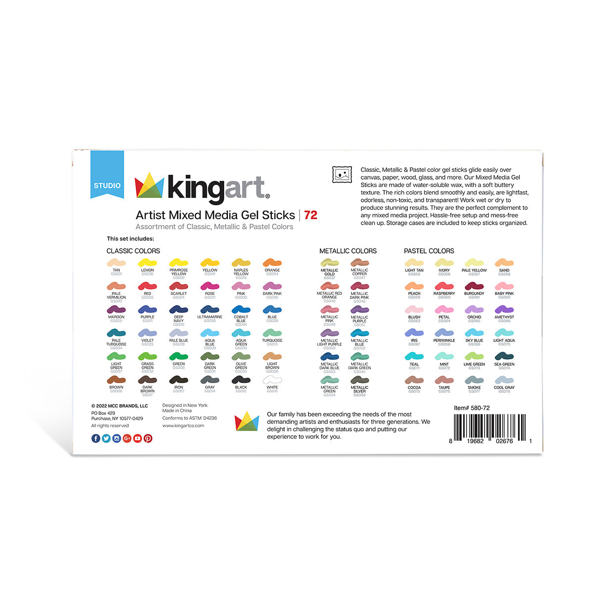 KINGART Mixed Media Gel Stick Crayons - 72 Colors