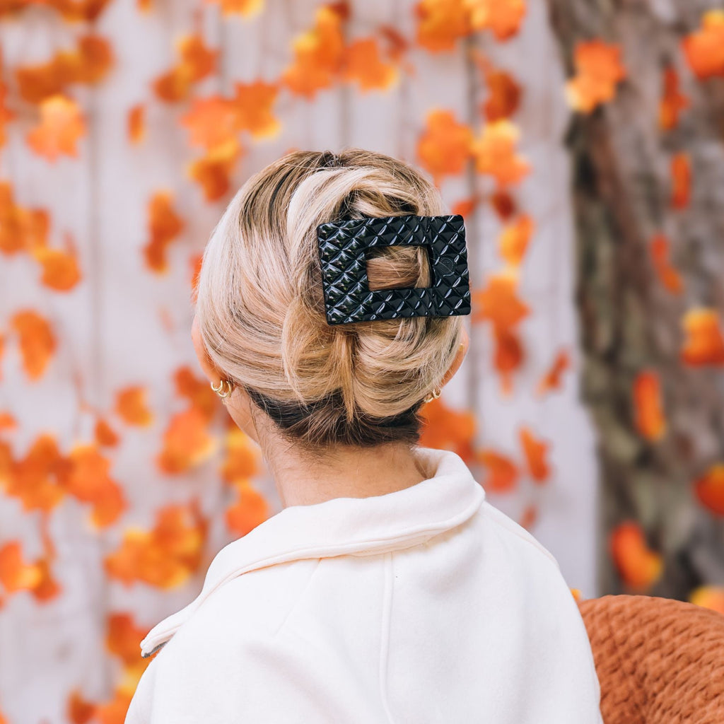 TELETIES Jet Black Quilted Large Flat Rectangle Hair Clip