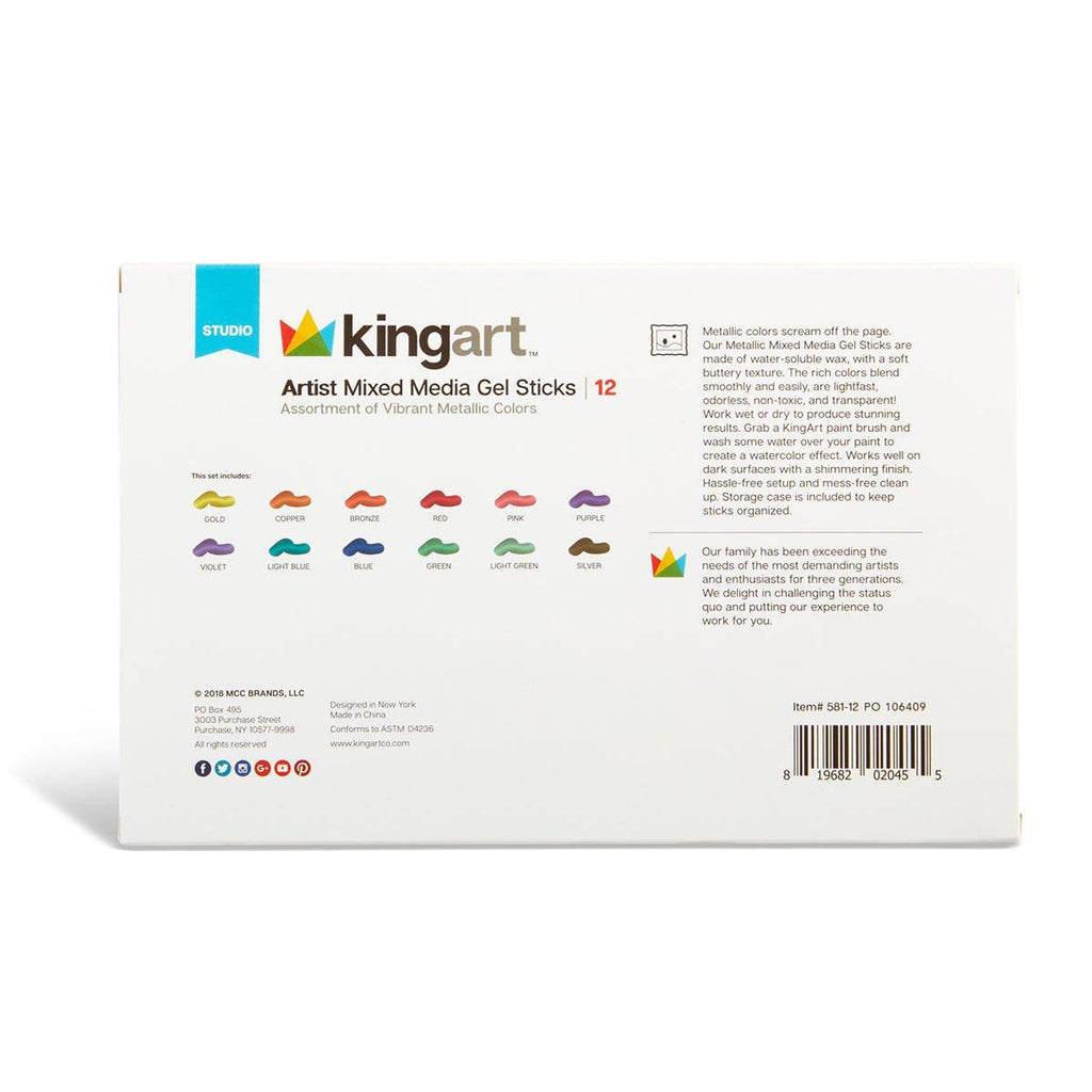 KINGART Mixed Media Gel Stick Crayons - 12 Metallic Colors