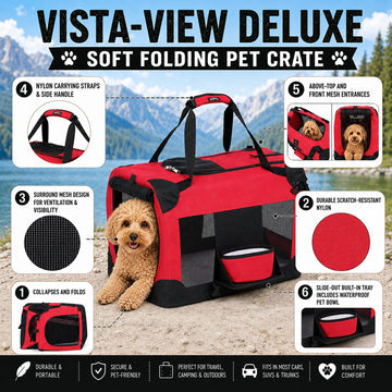 Pet Life 'Deluxe 360° Vista View' Zippered Soft Folding Collapsible Metal Framed Pet Dog Crate House Carrier w/ Removable Bowl and Pop-out Tray