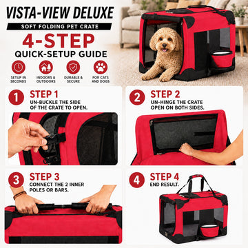 Pet Life 'Deluxe 360° Vista View' Zippered Soft Folding Collapsible Metal Framed Pet Dog Crate House Carrier w/ Removable Bowl and Pop-out Tray