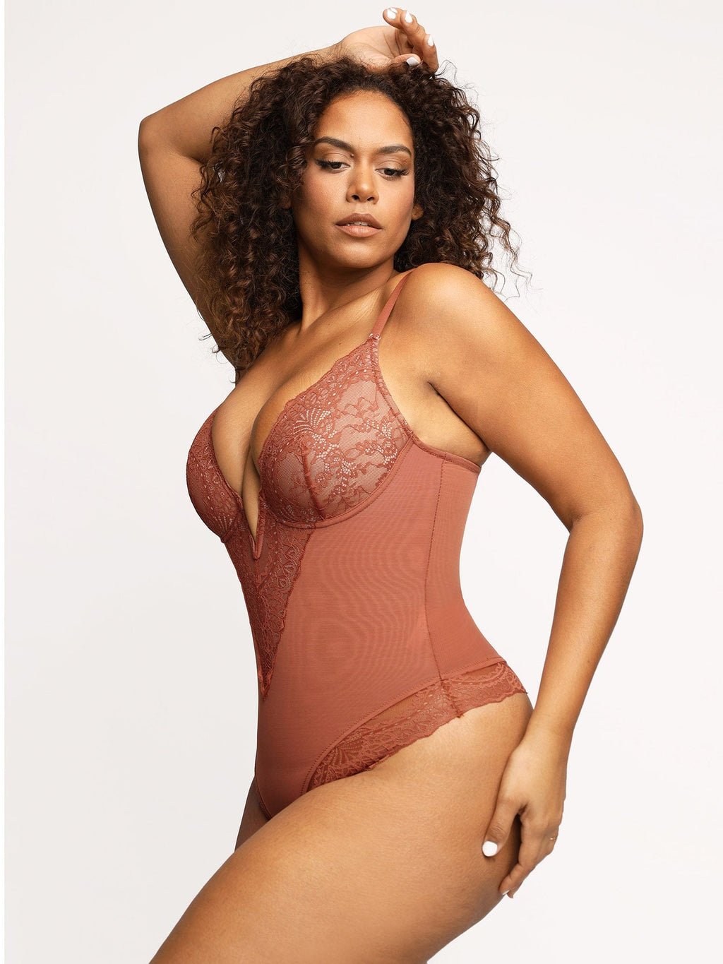 Popilush Shapewear Lace Deep V-Neck Sculpting Thong Bodysuit