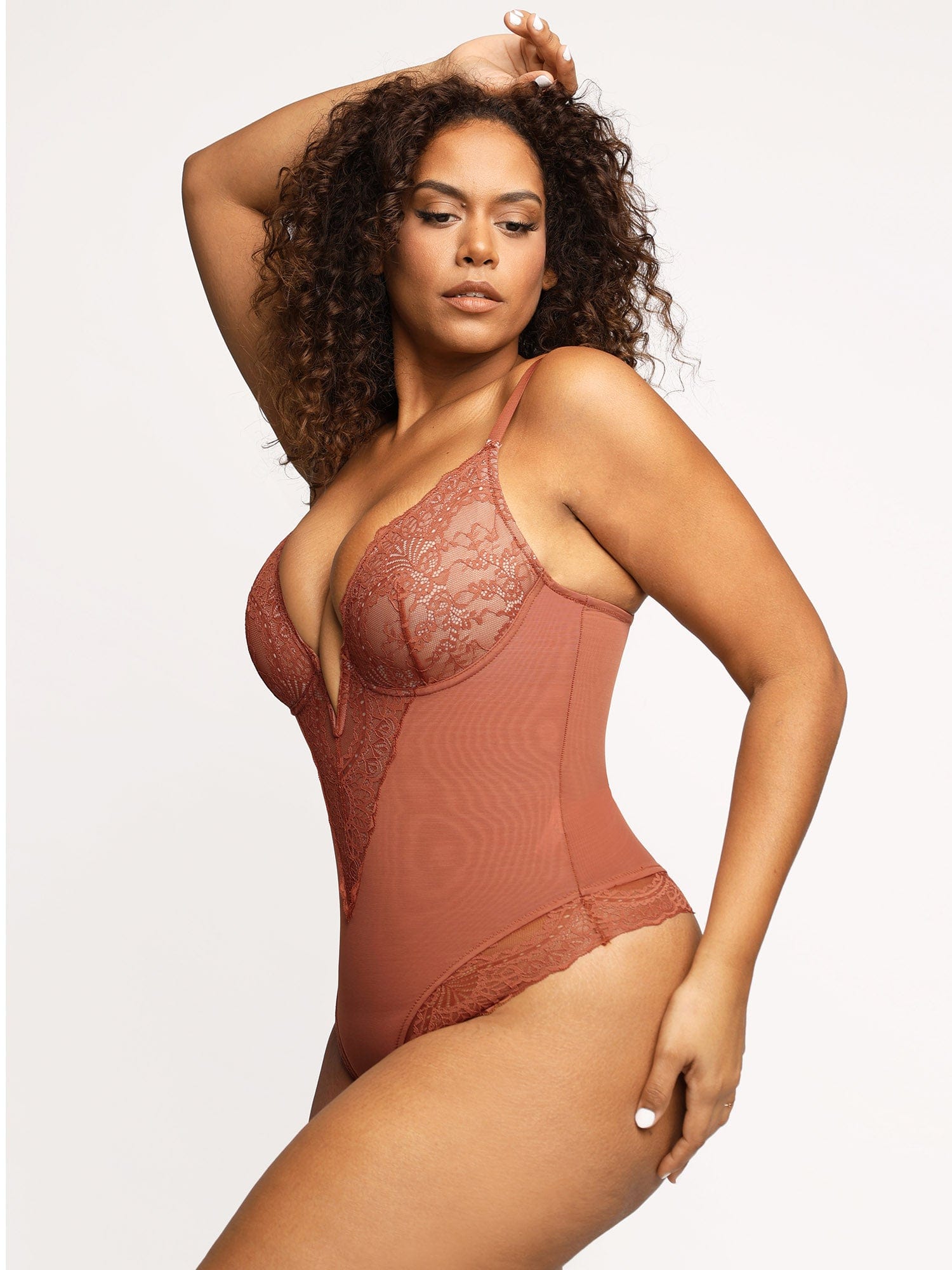 Popilush Shapewear Lace Deep V-Neck Sculpting Thong Bodysuit