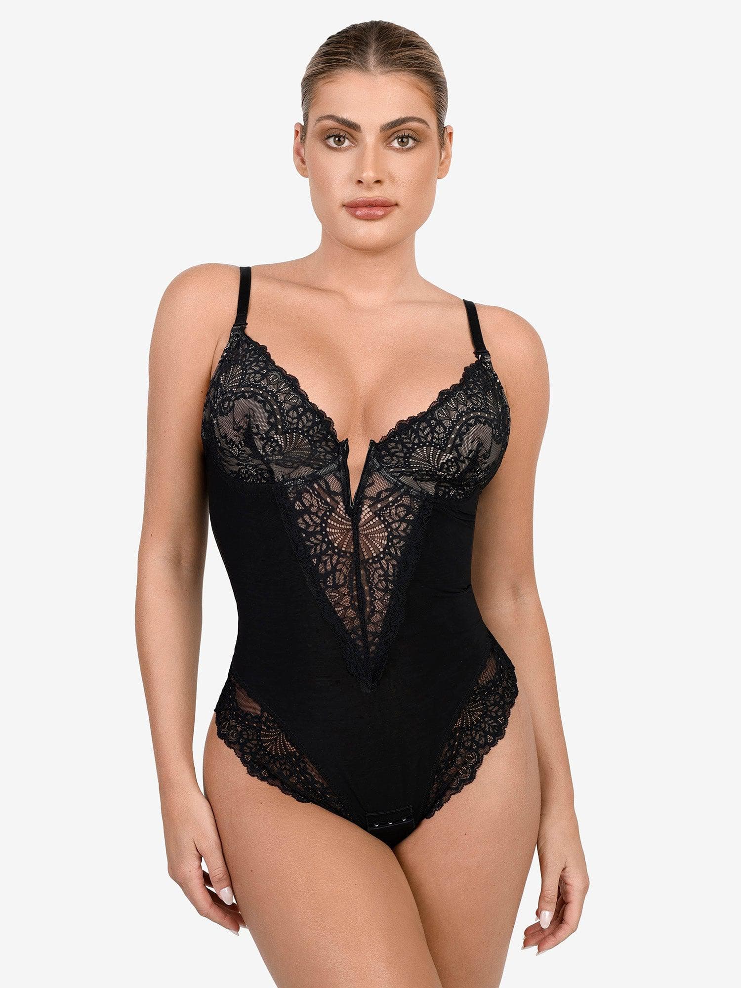 Popilush Shapewear Lace Deep V-Neck Sculpting Thong Bodysuit