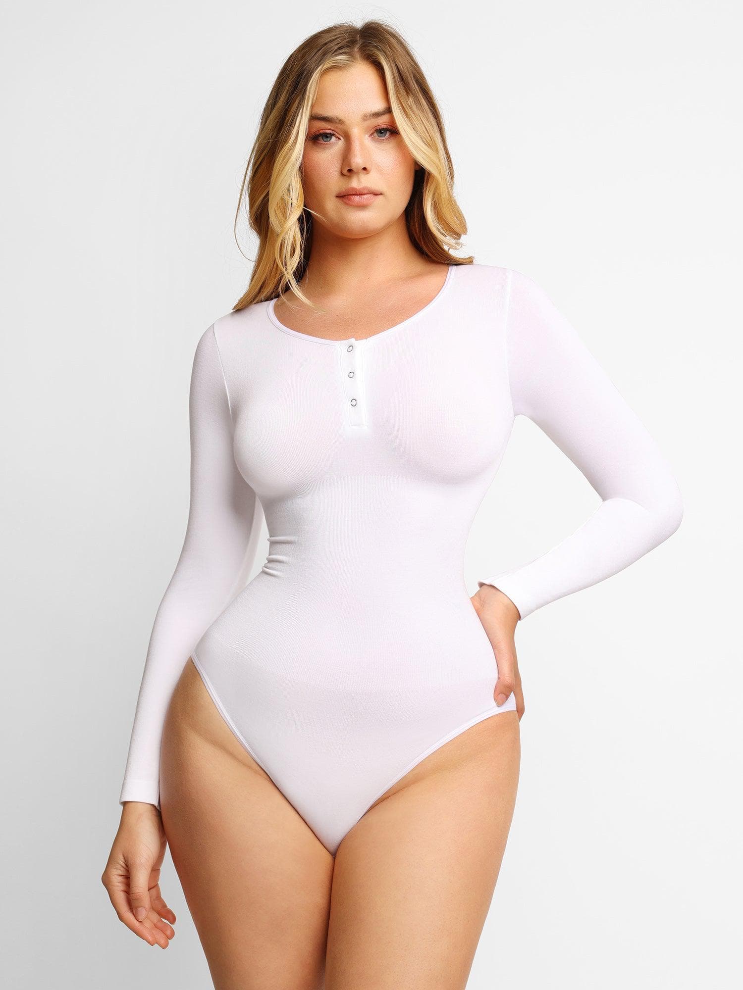 Popilush Shapewear Seamless Modal Long Sleeve Henley Bodysuit