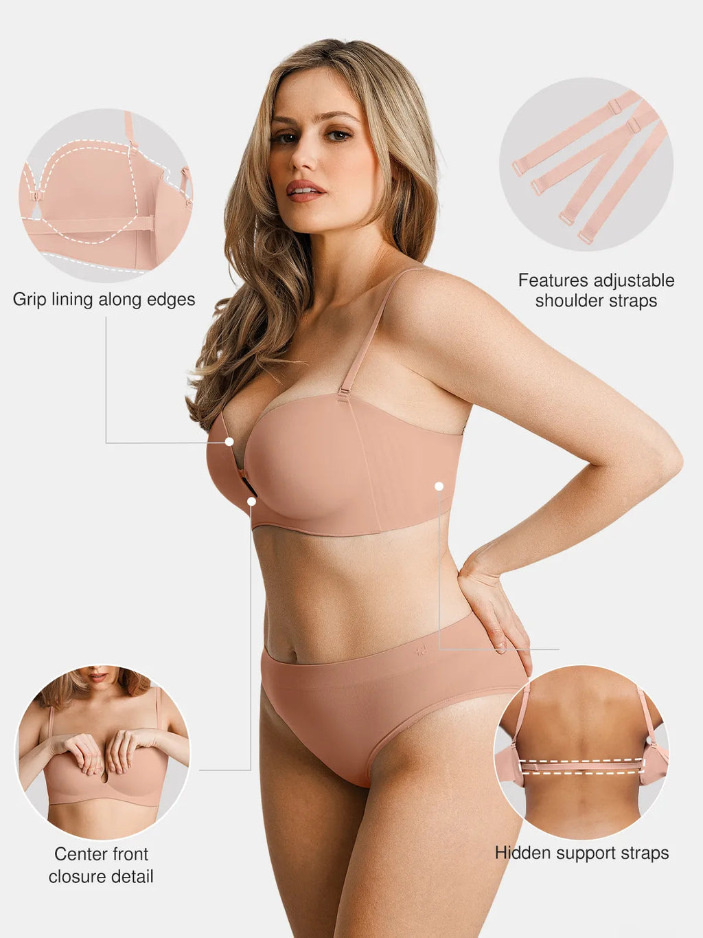 Popilush Seamless Non-Slip Push-Up Shaping Strapless Bra
