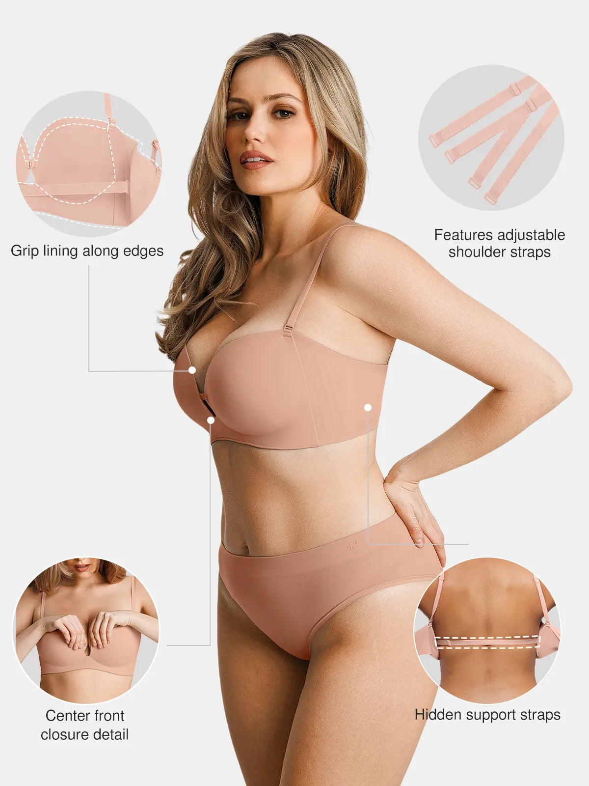 Popilush Seamless Non-Slip Push-Up Shaping Strapless Bra