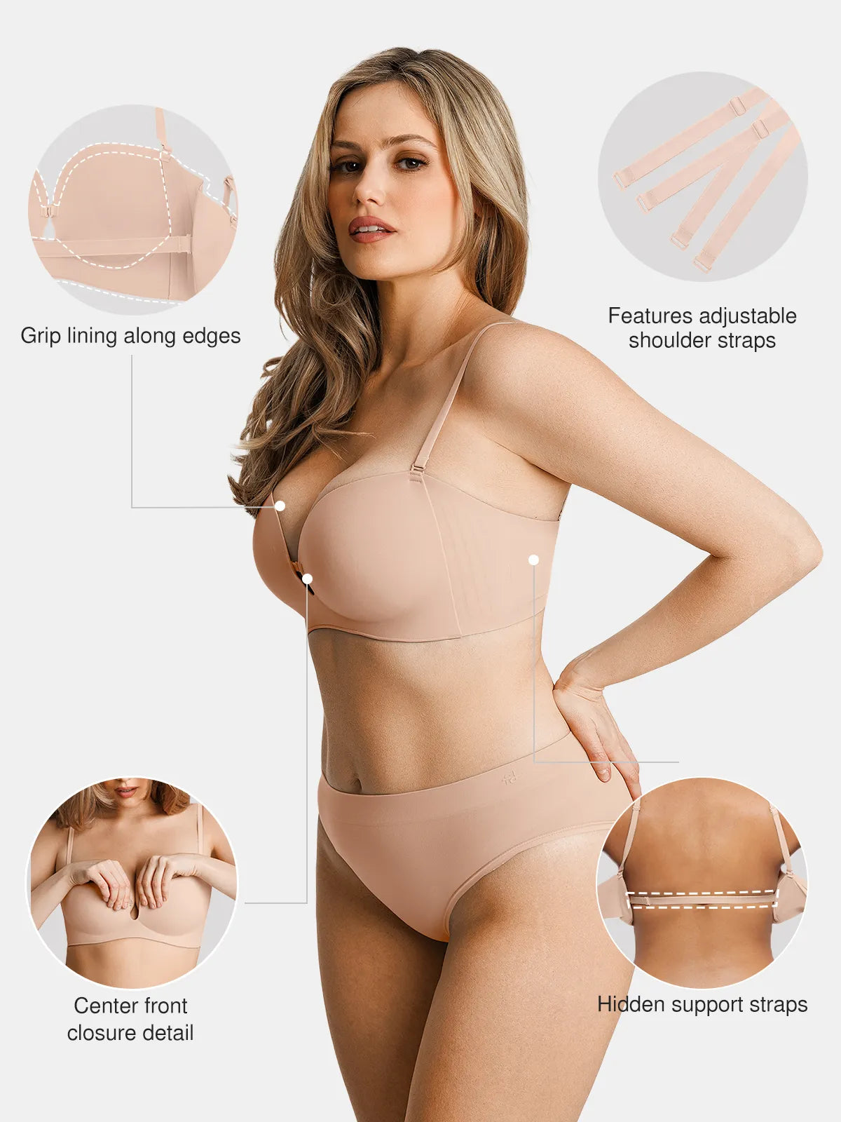 Popilush Seamless Non-Slip Push-Up Shaping Strapless Bra