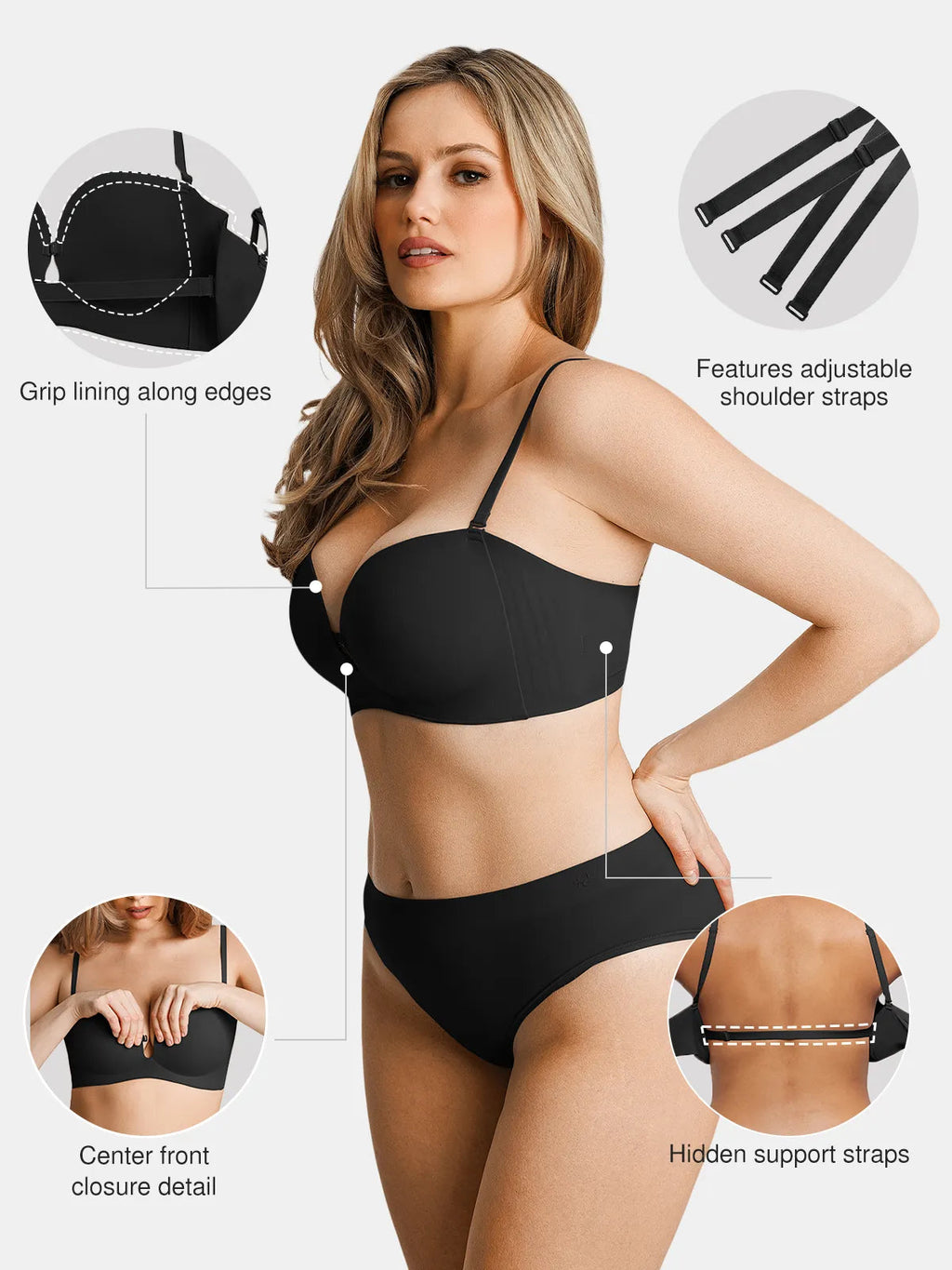 Popilush Seamless Non-Slip Push-Up Shaping Strapless Bra