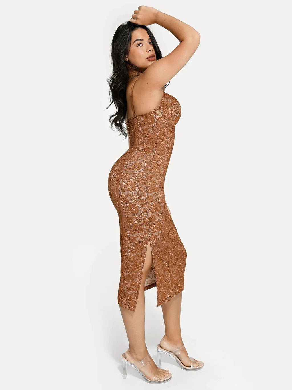 Popilush Shapewear All-Lace Hourglass Corset Side Slit Midi Dress SpadezStore