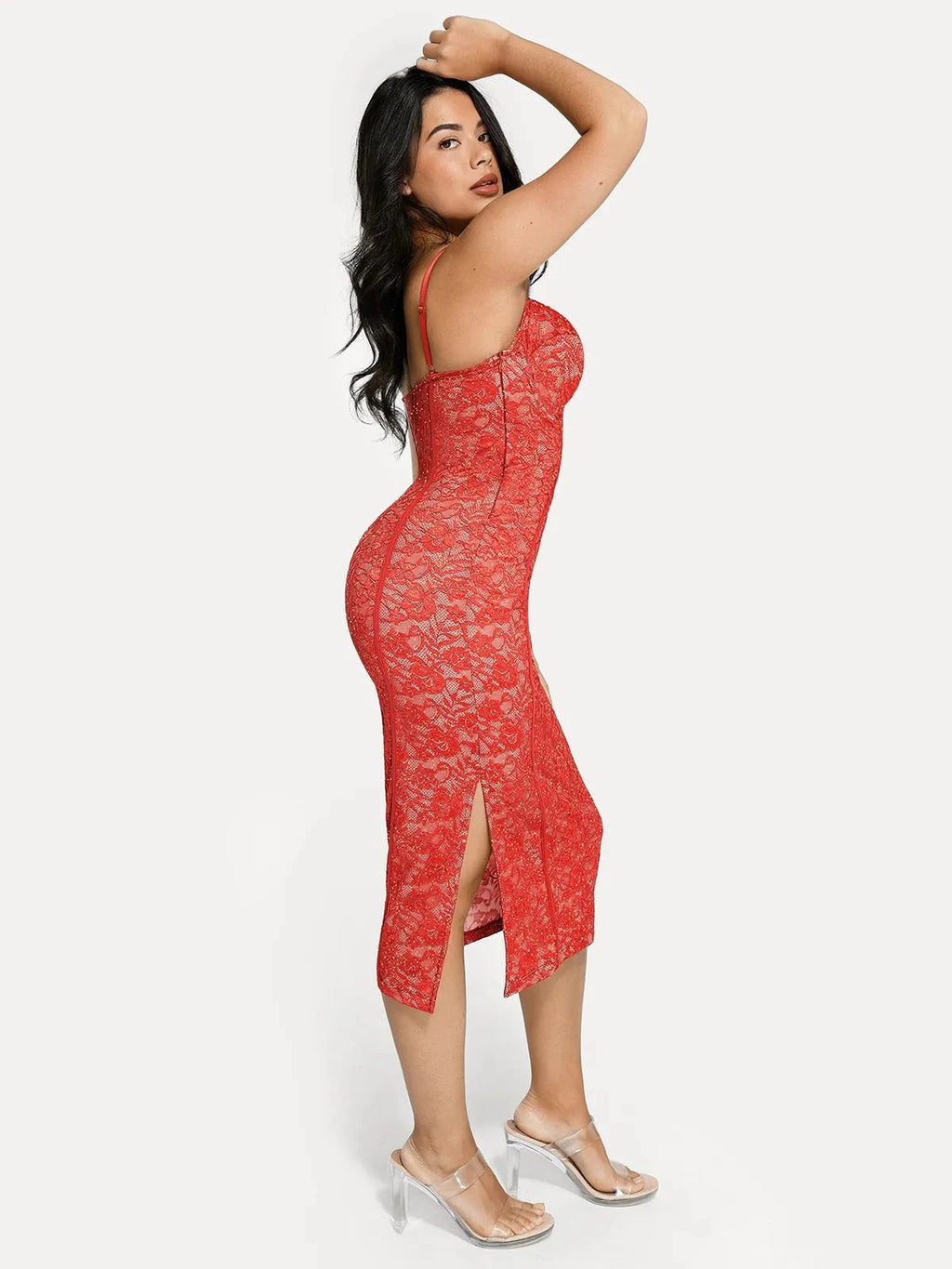 Popilush Shapewear All-Lace Hourglass Corset Side Slit Midi Dress SpadezStore