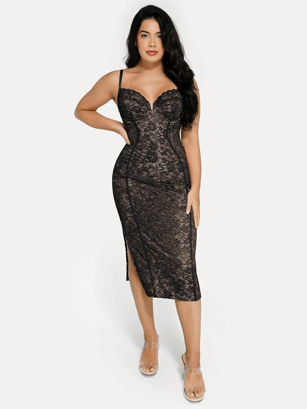 Popilush Shapewear All-Lace Hourglass Corset Side Slit Midi Dress SpadezStore