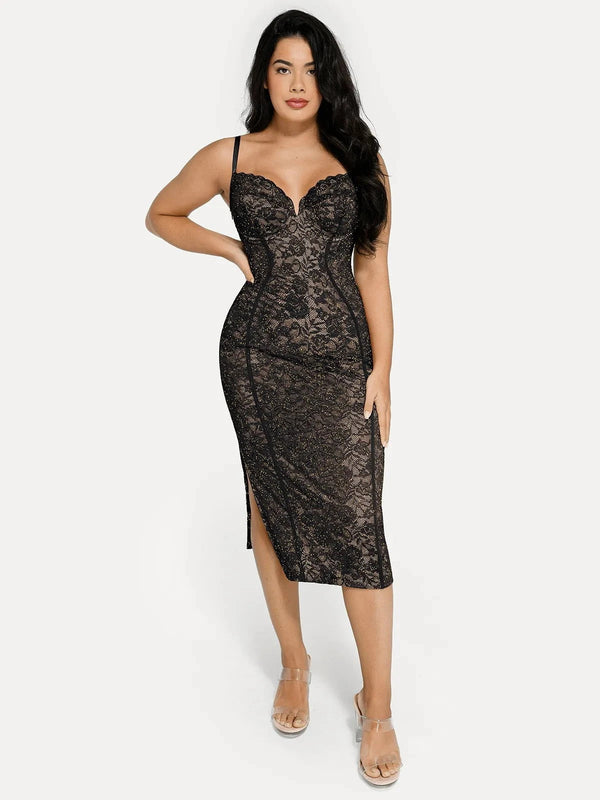 Popilush Shapewear All-Lace Hourglass Corset Side Slit Midi Dress SpadezStore
