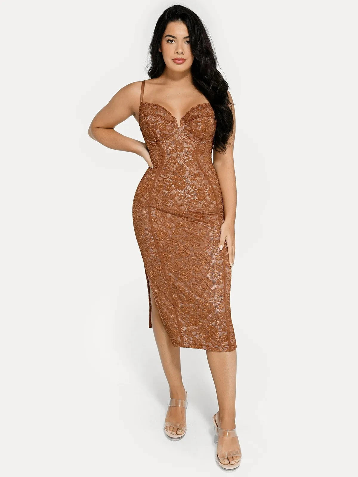 Popilush Shapewear All-Lace Side Slit Hourglass Corset Midi Dress, Black / 3XL Formal Bodycon Party Summer Cocktail Gown