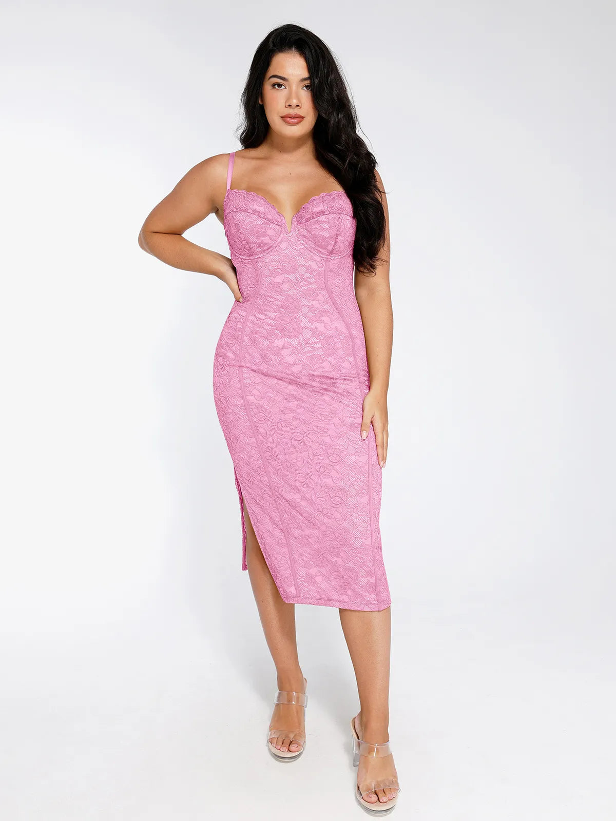 Popilush Shapewear All-Lace Side Slit Hourglass Corset Midi Dress, Black / 3XL Formal Bodycon Party Summer Cocktail Gown