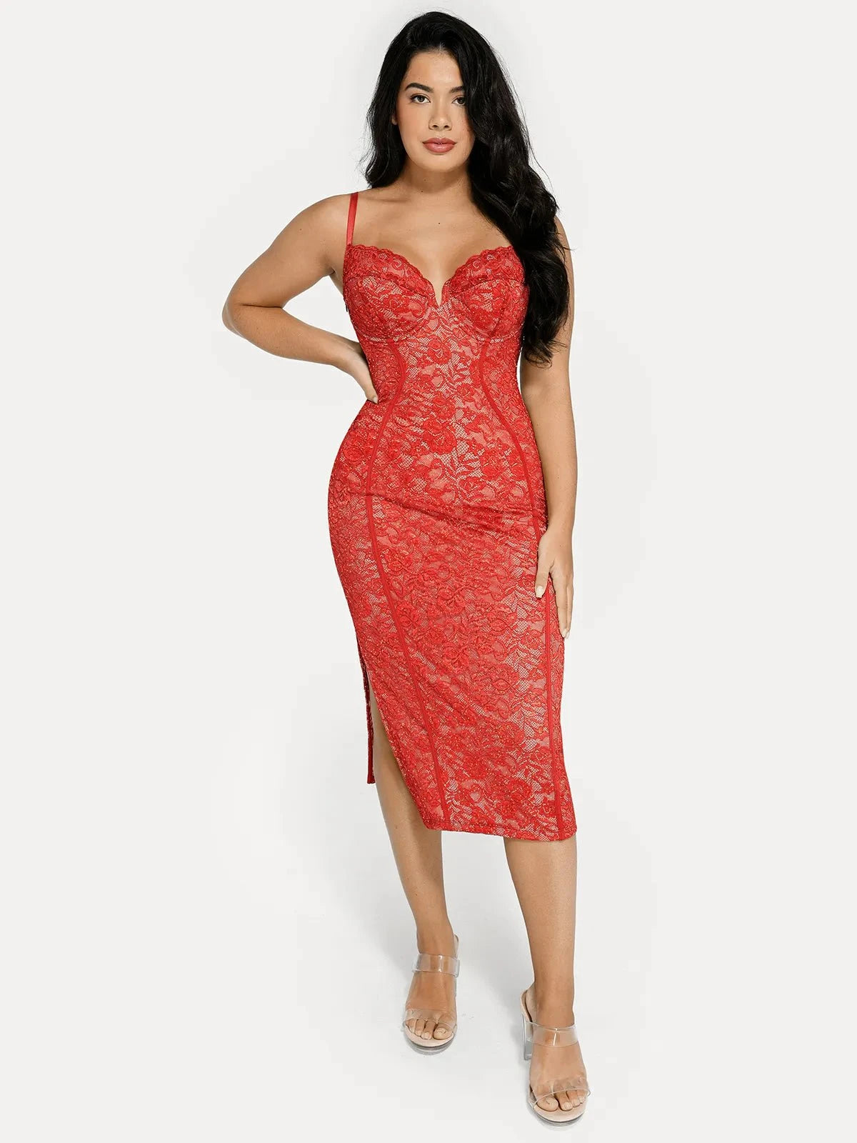 Popilush Shapewear All-Lace Side Slit Hourglass Corset Midi Dress, Black / 3XL Formal Bodycon Party Summer Cocktail Gown