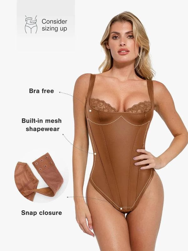 Popilush Shapewear Faux Leather Lace Balconette Sculpting Bodysuit