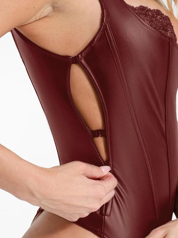 Popilush Shapewear Faux Leather Lace Balconette Sculpting Bodysuit
