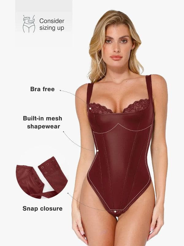 Popilush Shapewear Faux Leather Lace Balconette Sculpting Bodysuit