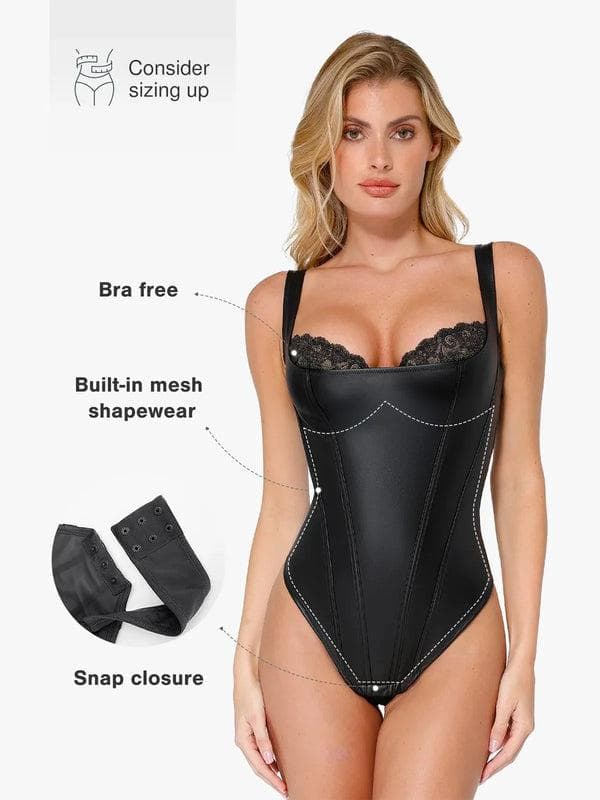 Popilush Shapewear Faux Leather Lace Balconette Sculpting Bodysuit