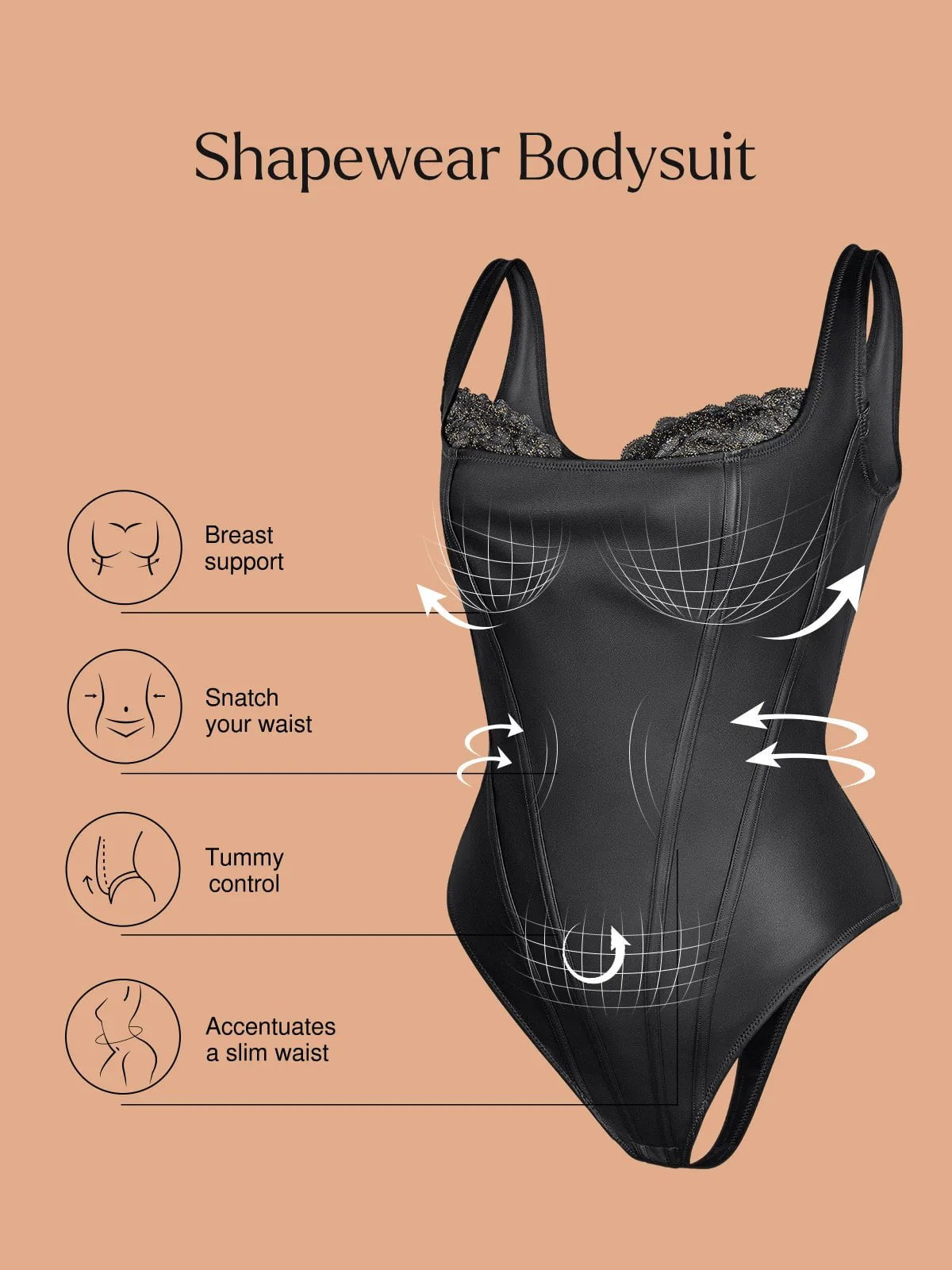 Popilush Shapewear Faux Leather Lace Balconette Sculpting Bodysuit