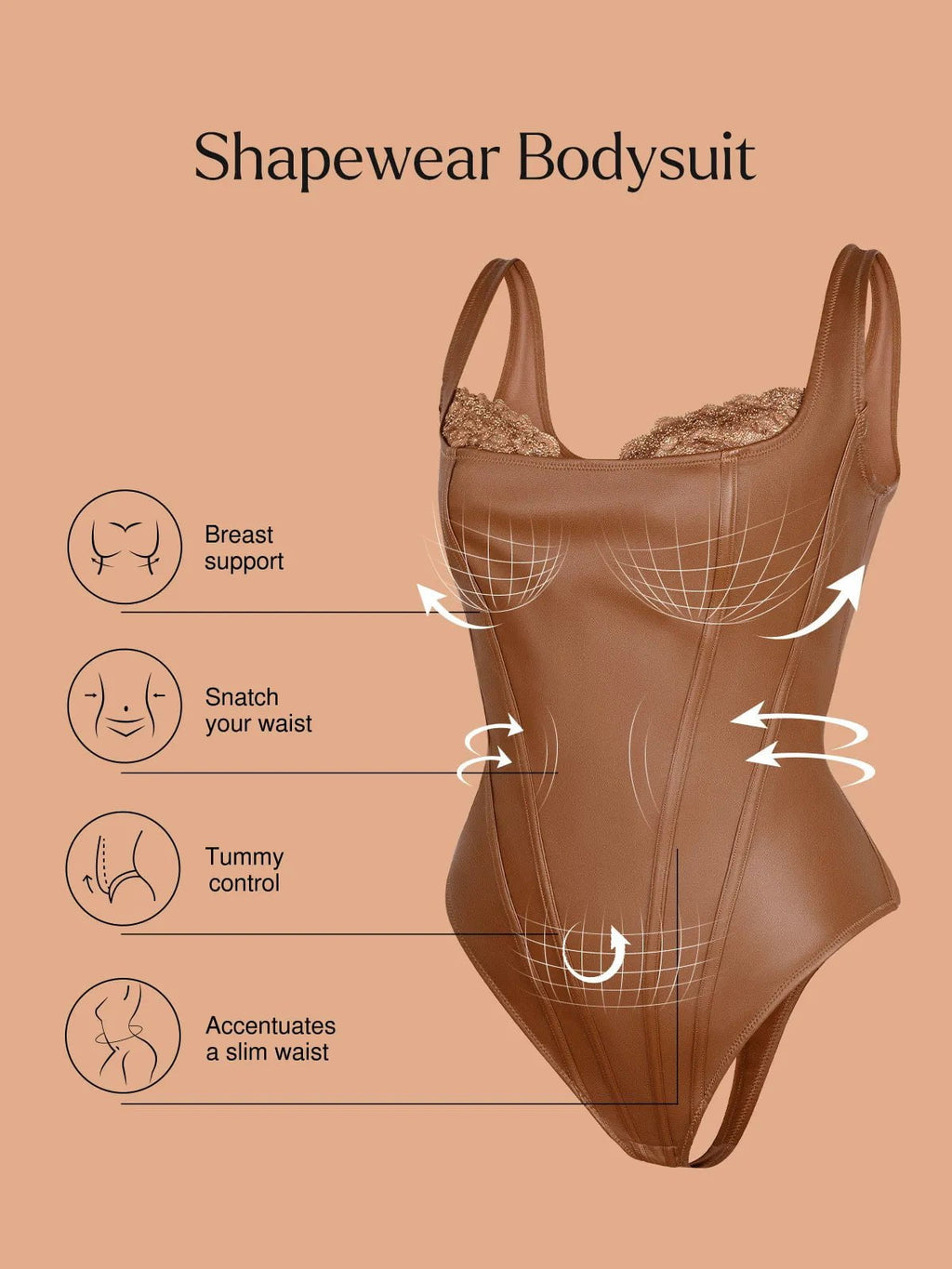 Popilush Shapewear Faux Leather Lace Balconette Sculpting Bodysuit