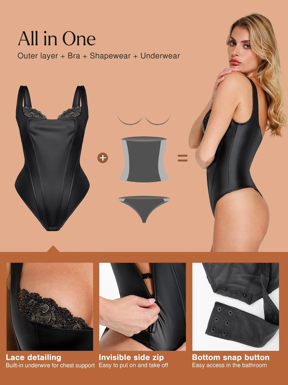 Popilush Shapewear Faux Leather Lace Balconette Sculpting Bodysuit
