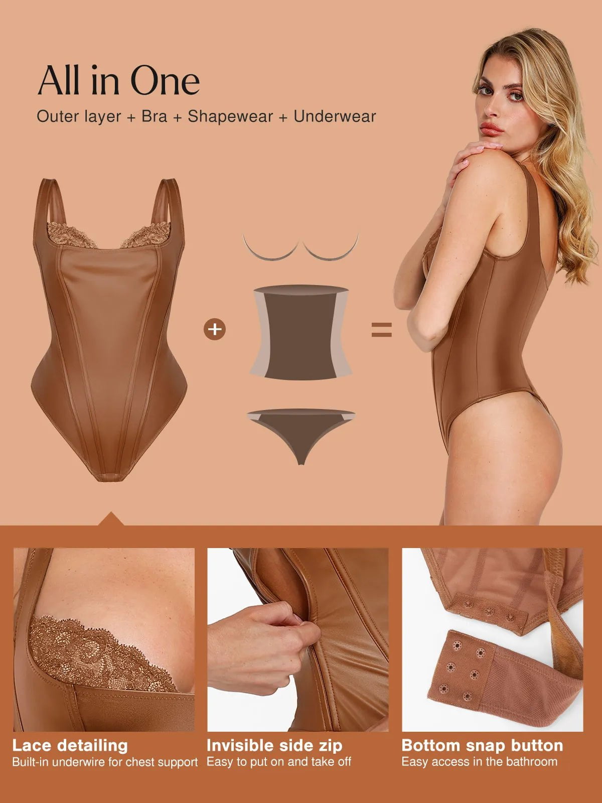 Popilush Shapewear Faux Leather Lace Balconette Sculpting Bodysuit