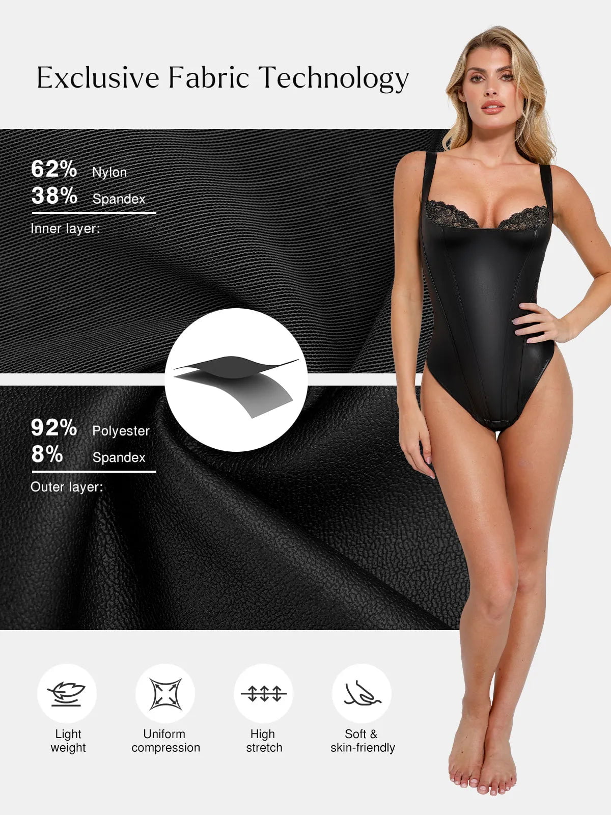 Popilush Shapewear Faux Leather Lace Balconette Sculpting Bodysuit