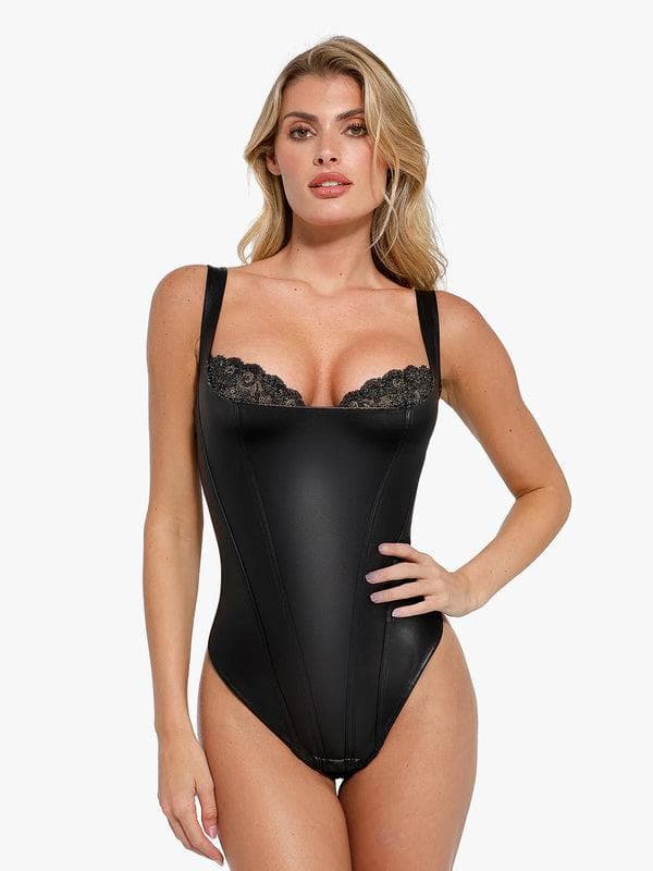 Popilush Shapewear Faux Leather Lace Balconette Sculpting Bodysuit