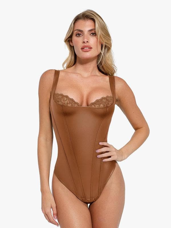 Popilush Shapewear Faux Leather Lace Balconette Sculpting Bodysuit