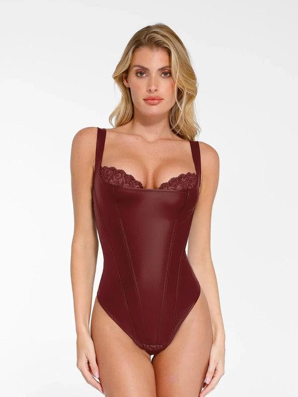 Popilush Shapewear Faux Leather Lace Balconette Sculpting Bodysuit