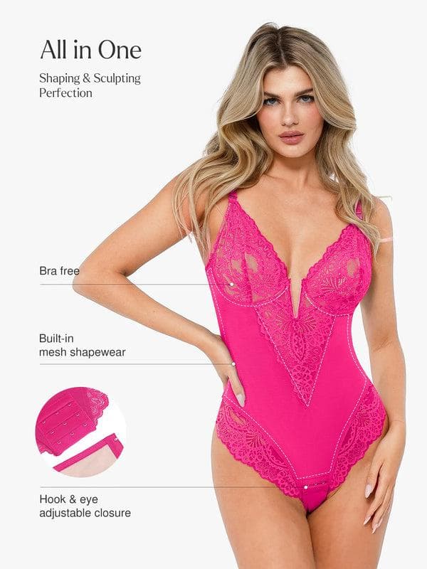 Popilush Shapewear Lace Deep V-Neck Sculpting Thong Bodysuit