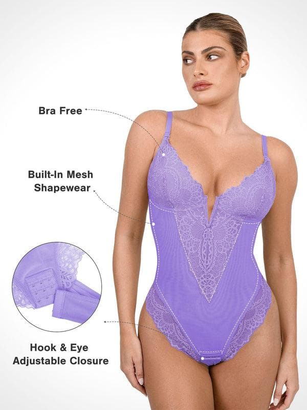 Popilush Shapewear Lace Deep V-Neck Sculpting Thong Bodysuit