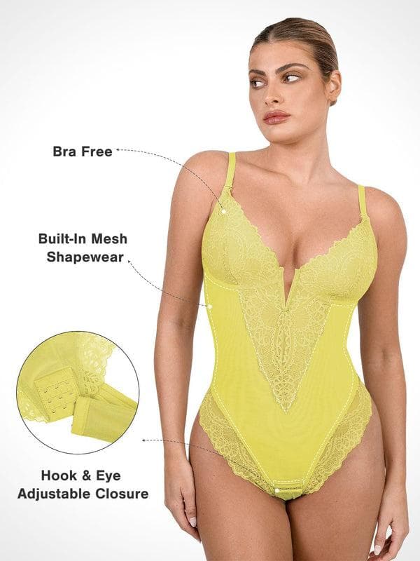 Popilush Shapewear Lace Deep V-Neck Sculpting Thong Bodysuit