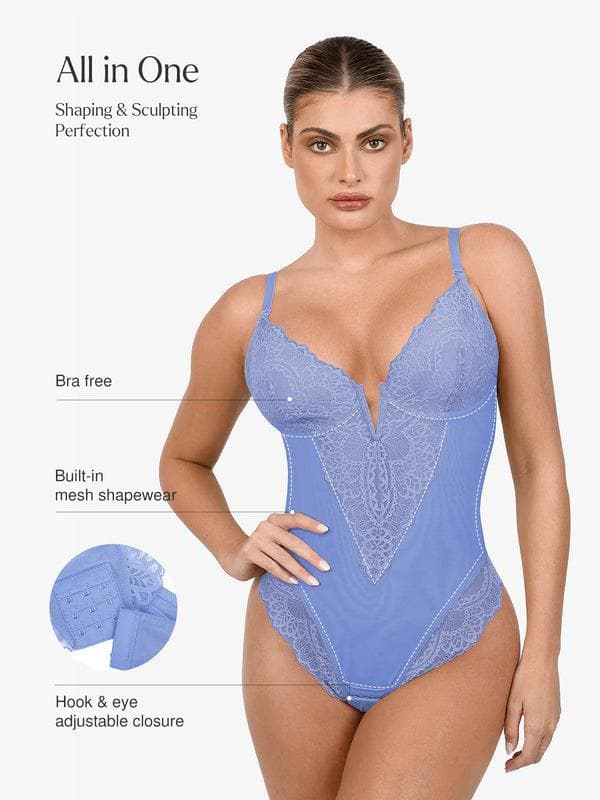 Popilush Shapewear Lace Deep V-Neck Sculpting Thong Bodysuit
