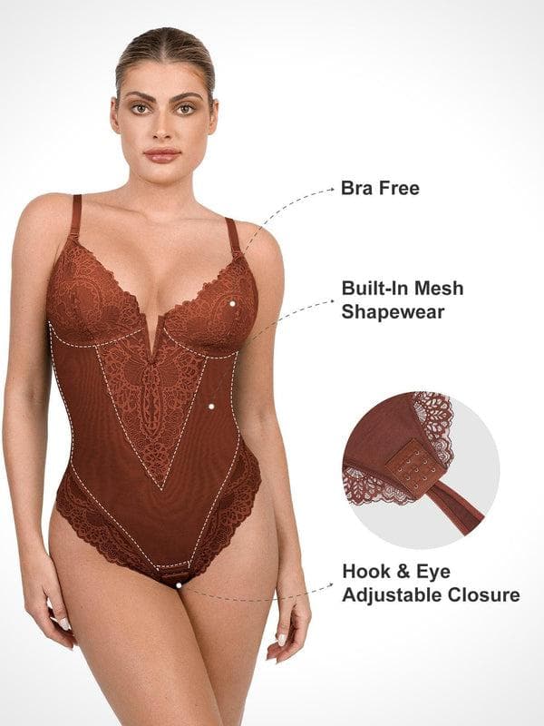Popilush Shapewear Lace Deep V-Neck Sculpting Thong Bodysuit