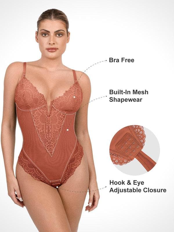 Popilush Shapewear Lace Deep V-Neck Sculpting Thong Bodysuit
