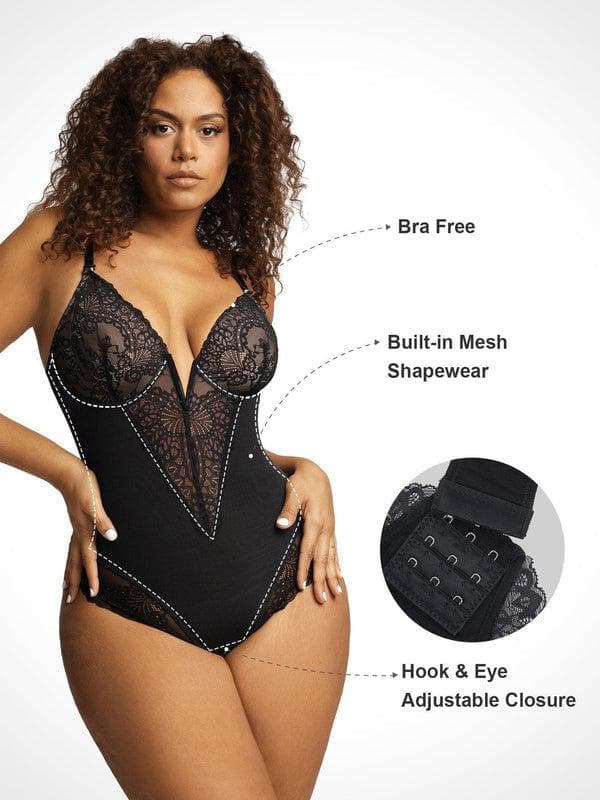 Popilush Shapewear Lace Deep V-Neck Sculpting Thong Bodysuit