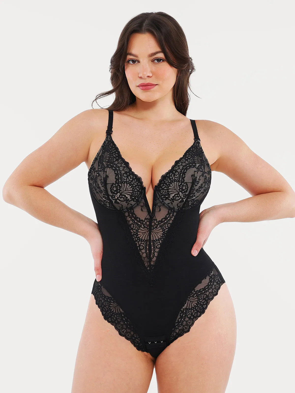 Popilush Shapewear Lace Deep V-Neck Sculpting Thong Bodysuit