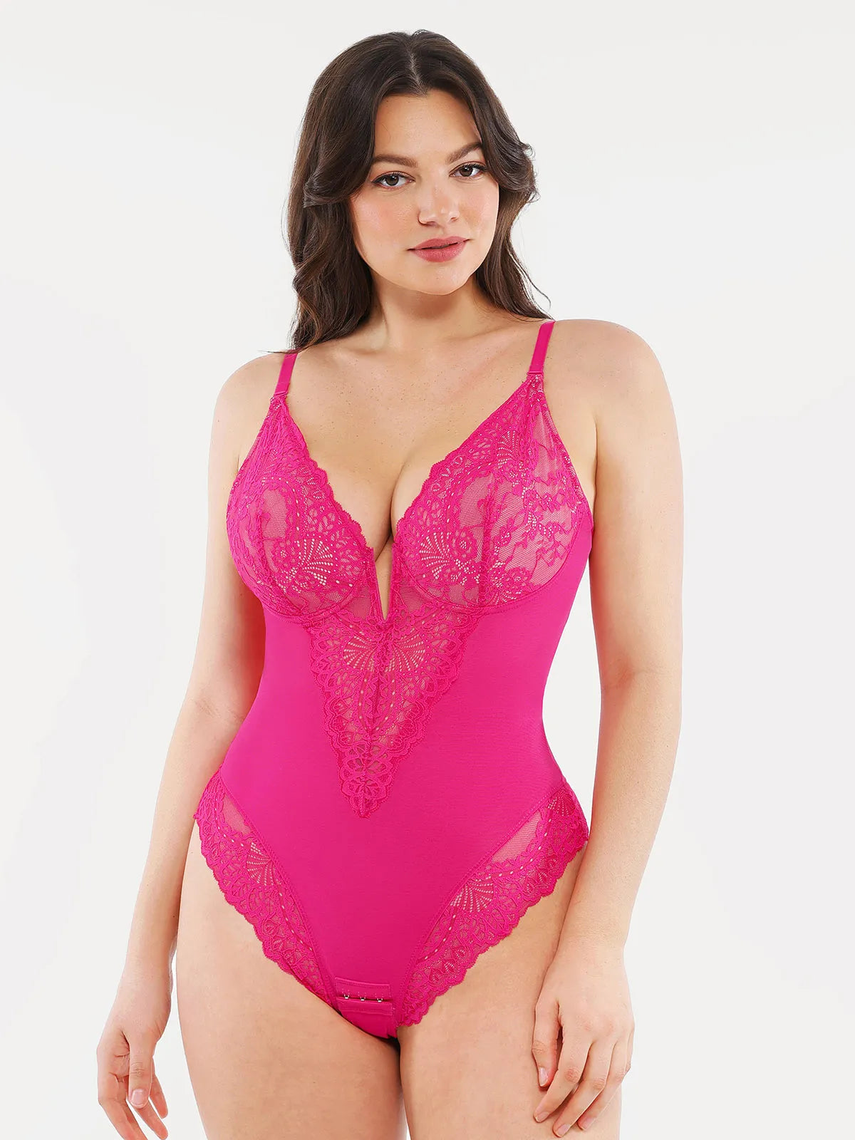Popilush Shapewear Lace Deep V-Neck Sculpting Thong Bodysuit