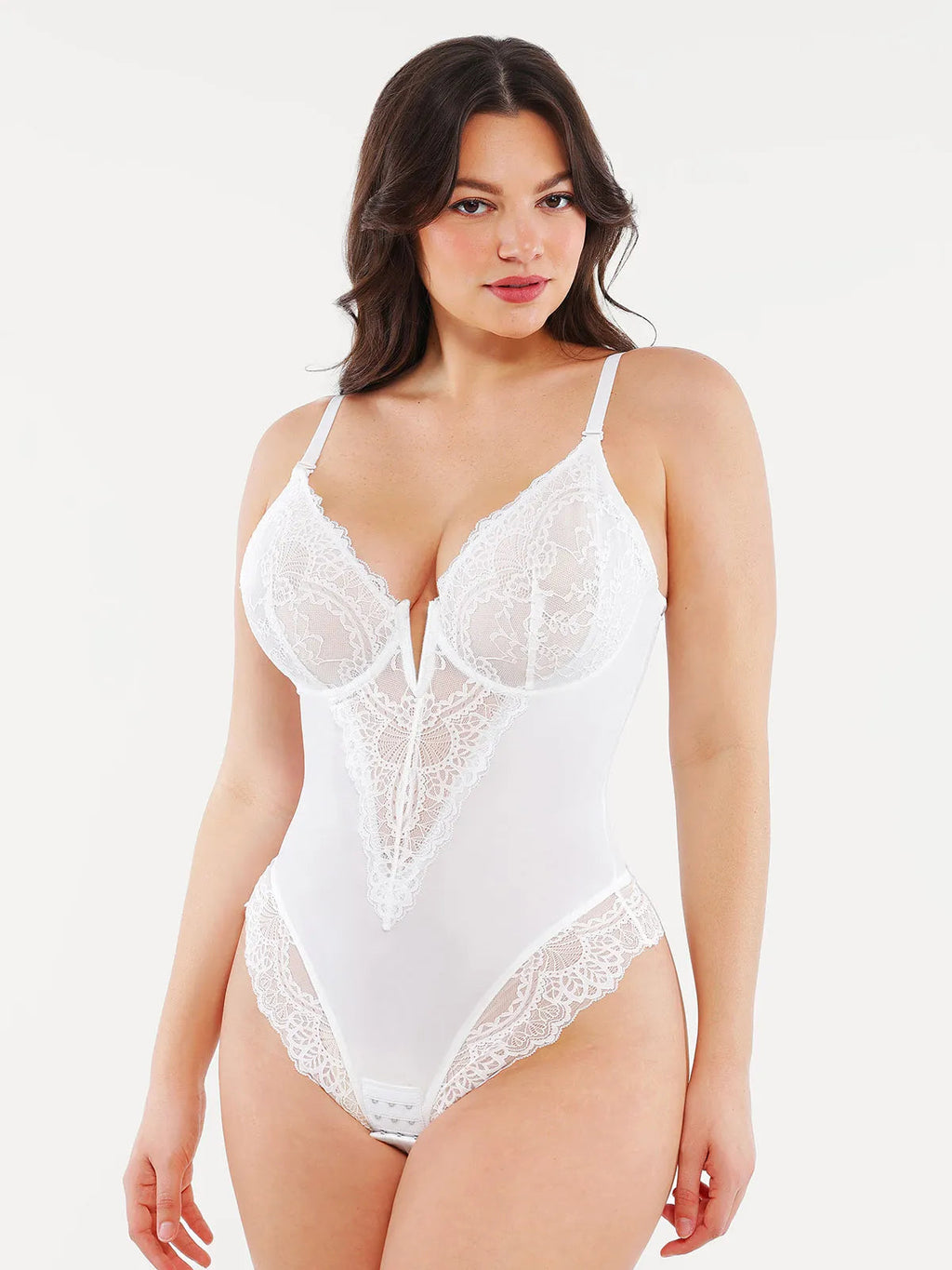 Popilush Shapewear Lace Deep V-Neck Sculpting Thong Bodysuit